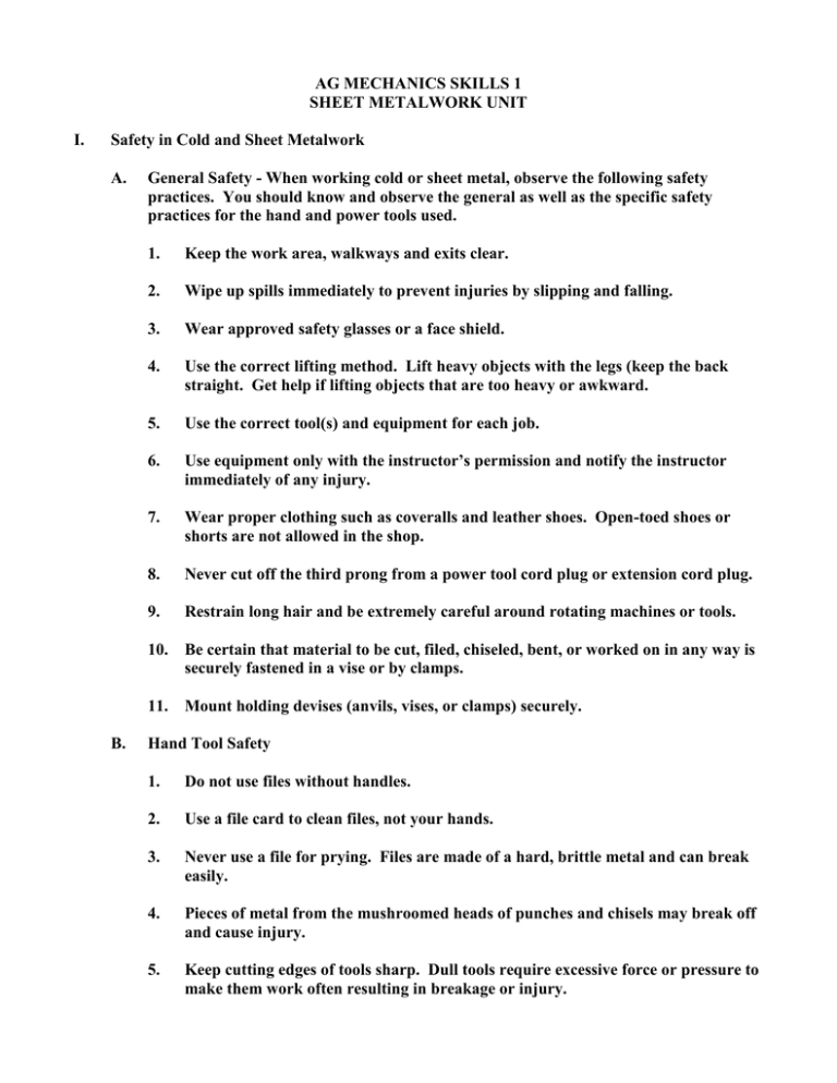 ag mechanics skills 1 sheet metalwork unit i