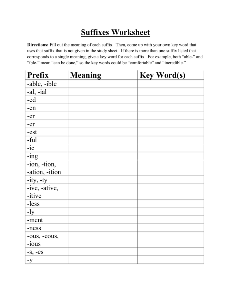 suffixes worksheet