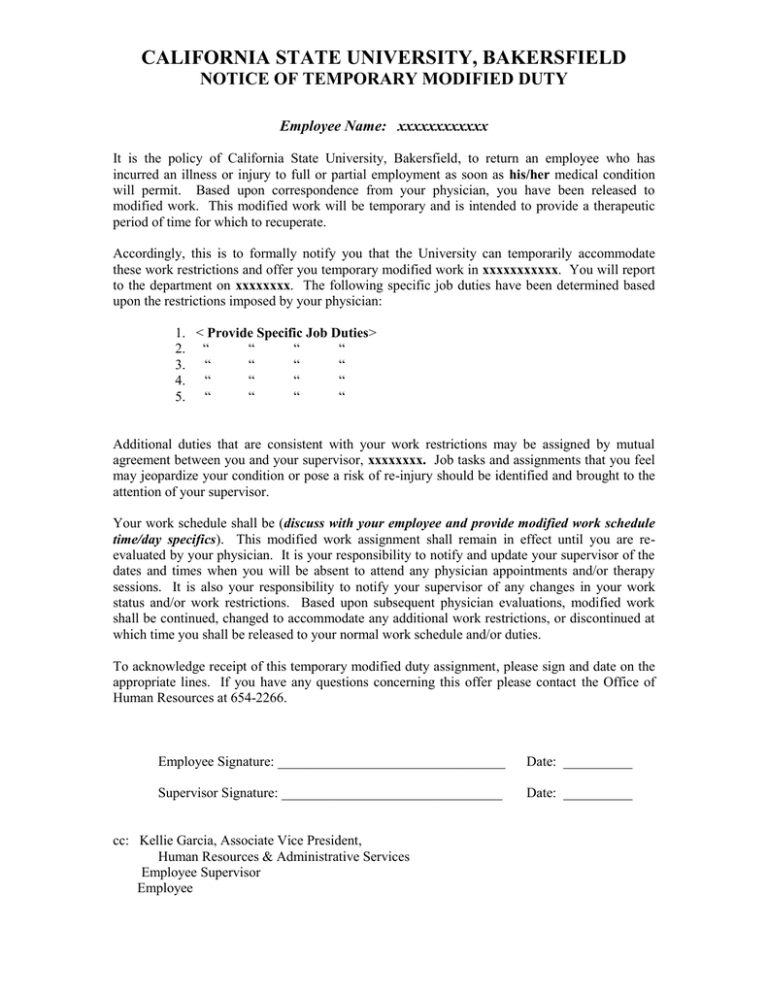 Notice of Temporary Modified Duty Template