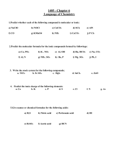 Chemistry Nomenclature & Formulas Worksheet