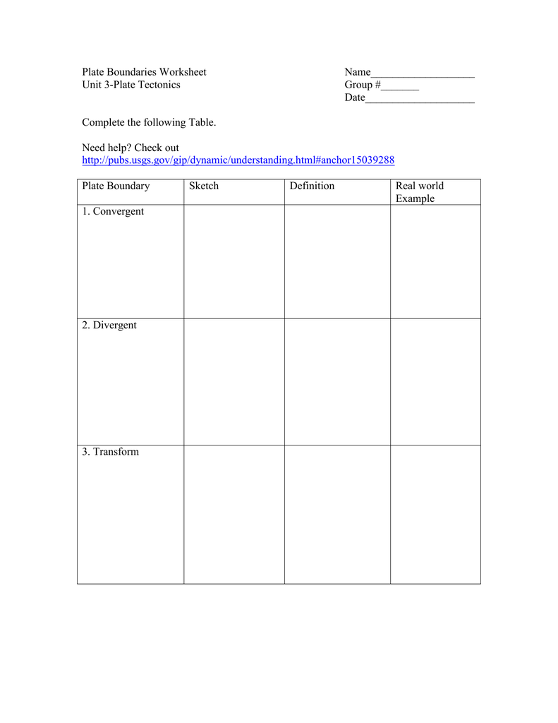 plate boundary worksheet