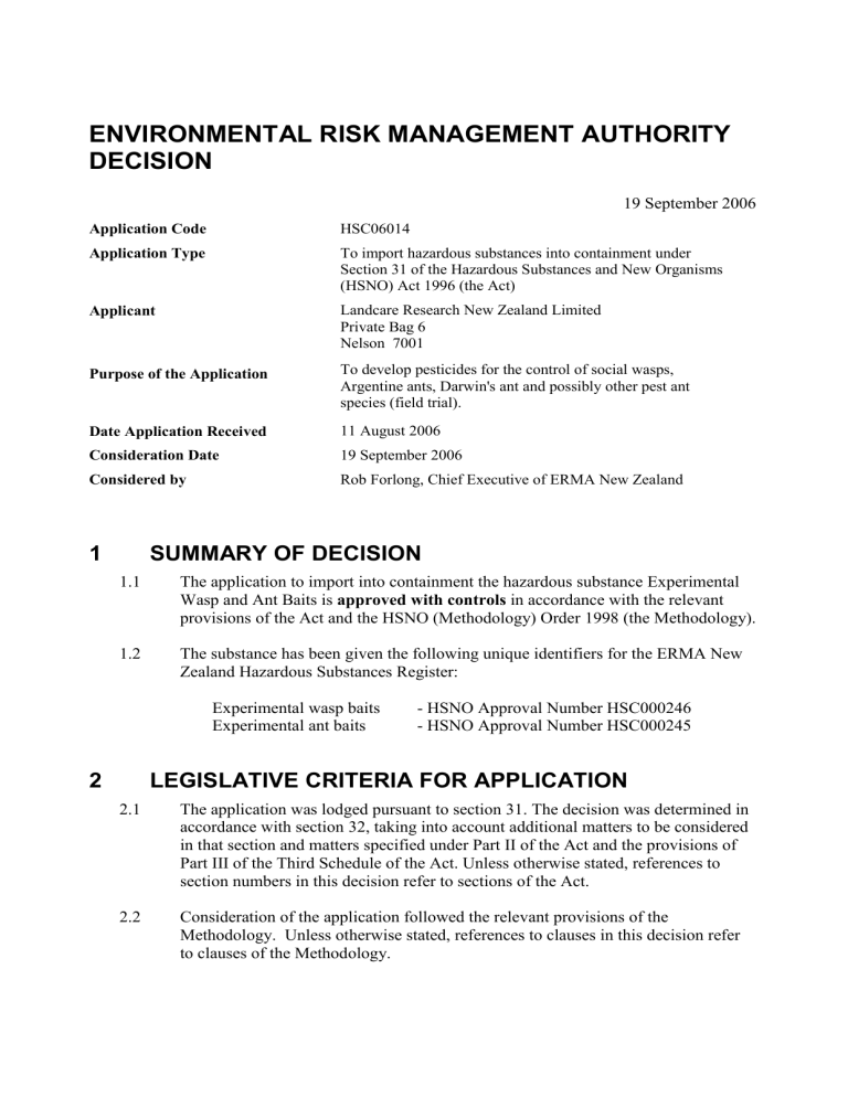 ENVIRONMENTAL RISK MANAGEMENT AUTHORITY DECISION 19 September 2006