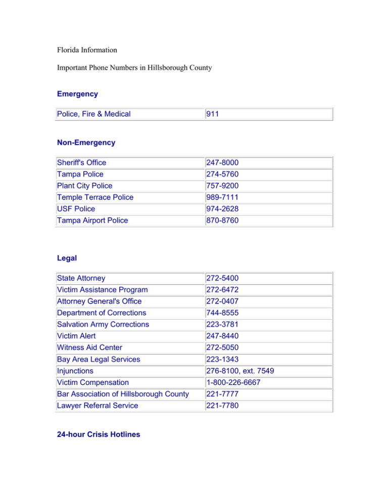 Important Phone Numbers in Hillsborough County