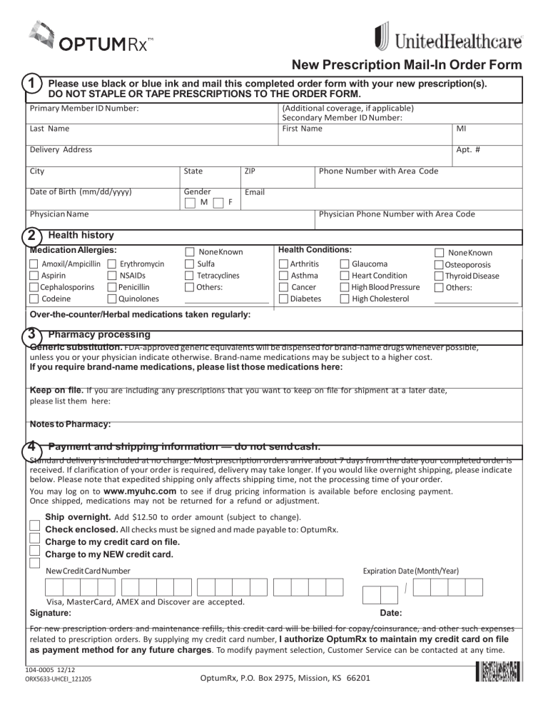 1 New Prescription Mail-In Order Form