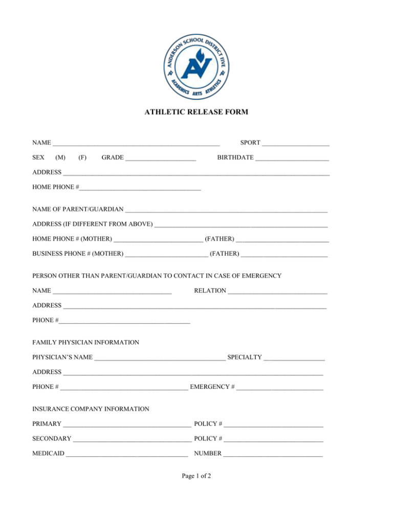 Athletic Insurance Waiver Form 6855