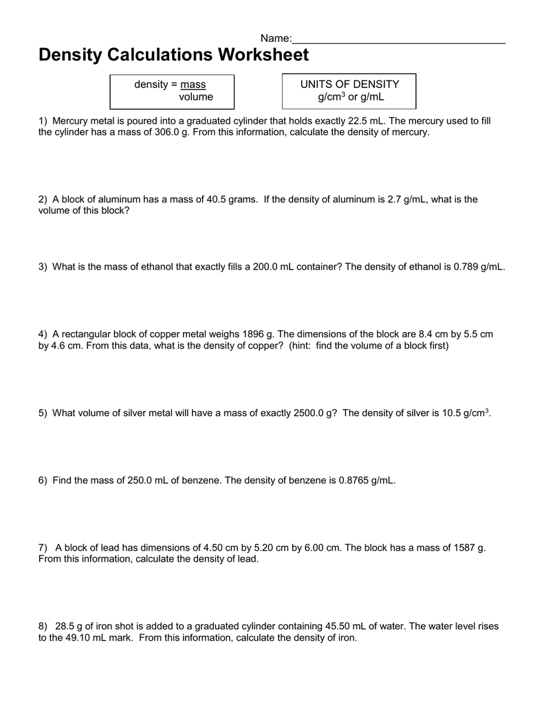 Density equation with ws With Regard To Density Calculations Worksheet 1