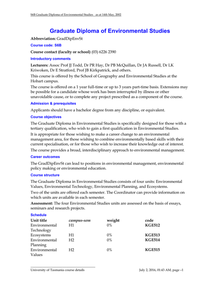 Graduate Diploma of Environmental Studies