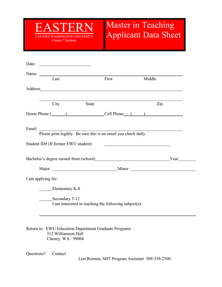 EASTERN Master In Teaching Applicant Data Sheet