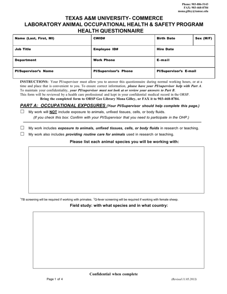 Animal Occupational Health Questionnaire Form