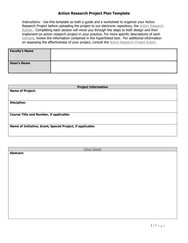Action Research Project Plan Template