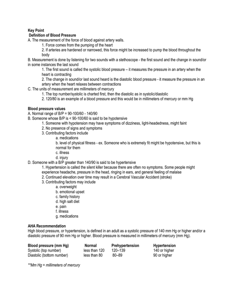 Key Point Definition Of Blood Pressure