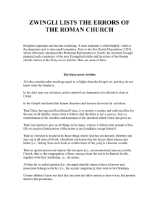 ZWINGLI LISTS THE ERRORS OF THE ROMAN CHURCH