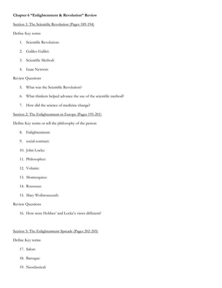 Enlightenment & Revolution Review Sheet