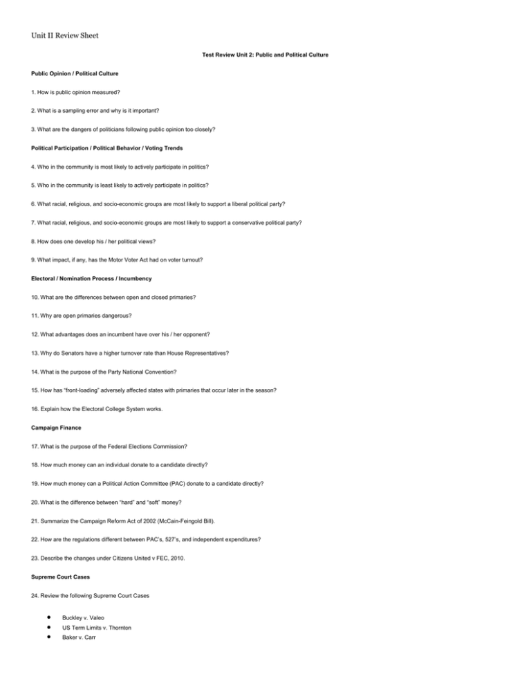 Unit II Review Sheet
