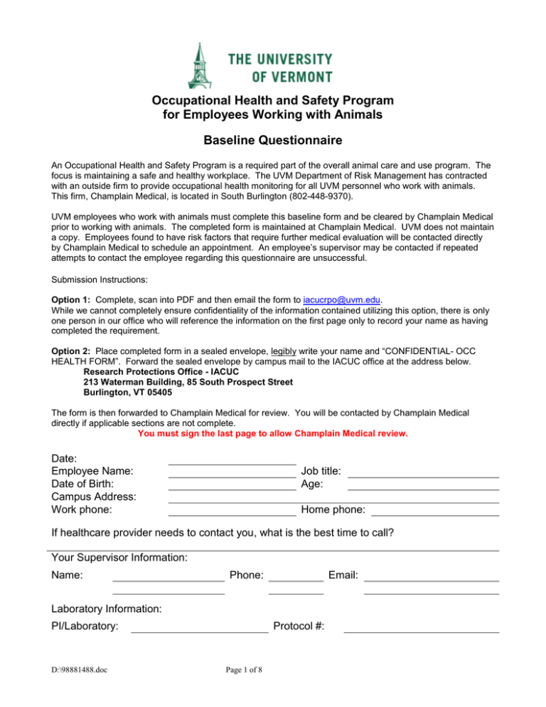 Occupational Health and Safety Program for Employees Working with Animals Baseline Questionnaire