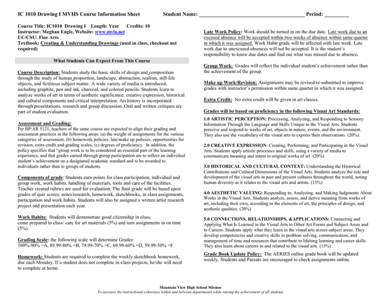 IC 1010 Drawing I MVHS Course Information Sheet