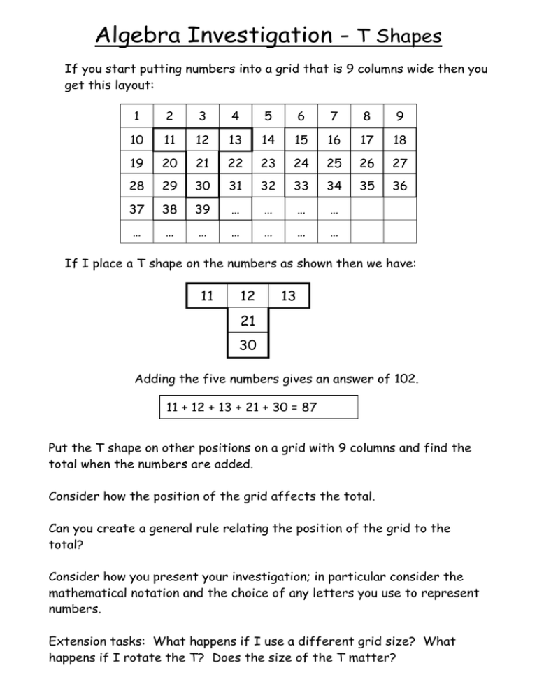 Algebra Investigation T Shapes