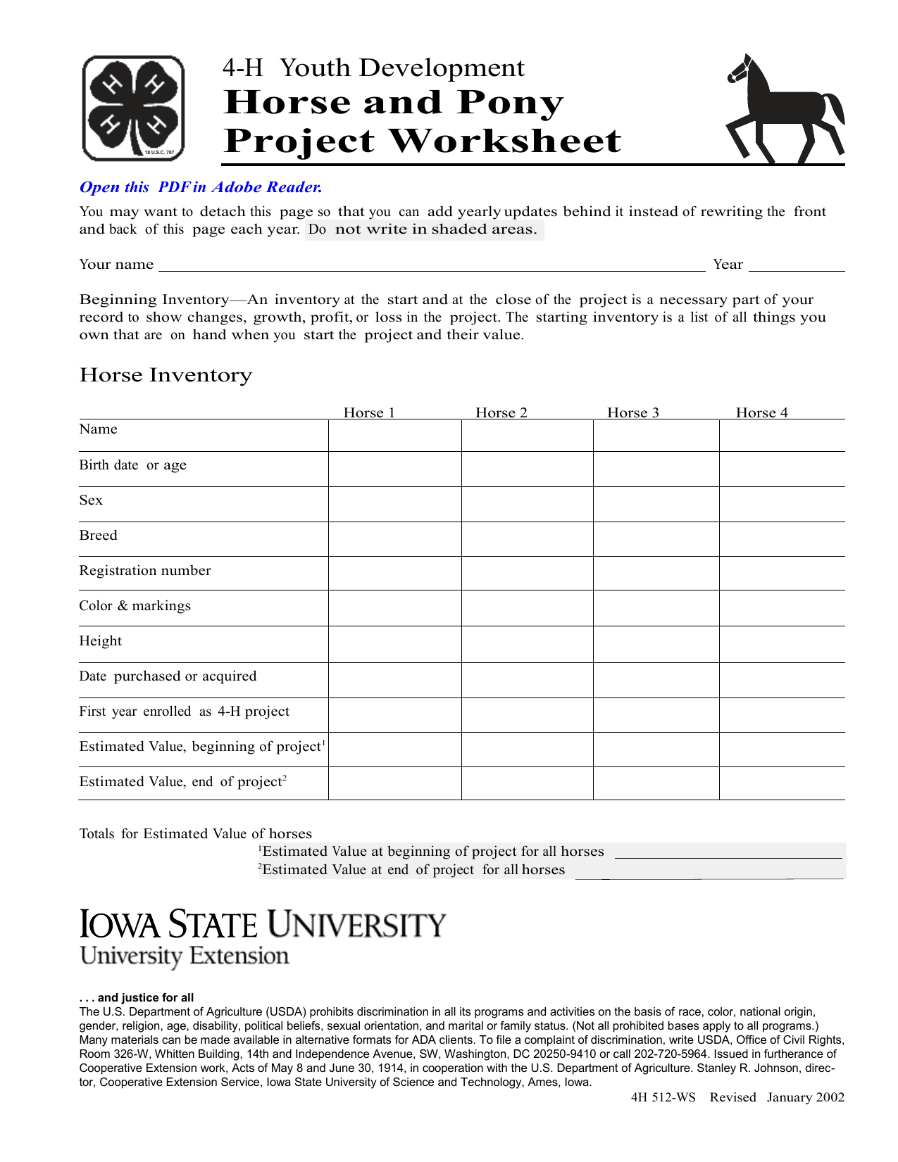 horse and pony project worksheet 4 h youth development