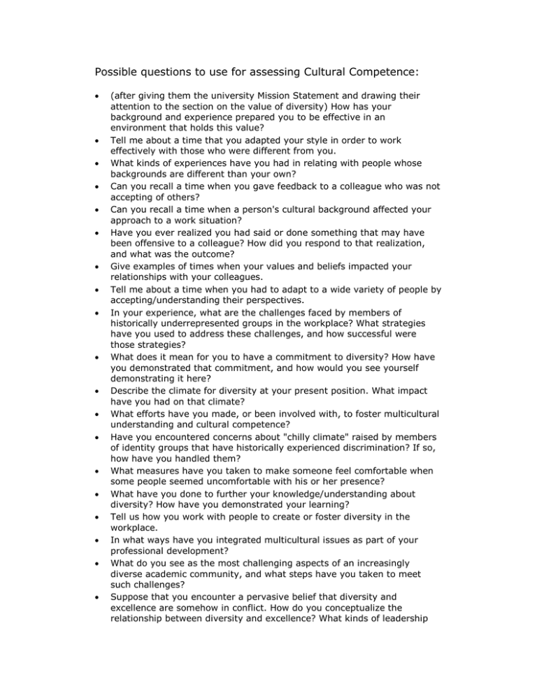 Possible questions to use for assessing Cultural Competence