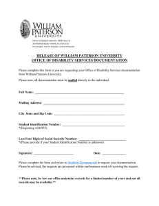 RELEASE OF WILLIAM PATERSON UNIVERSITY OFFICE OF DISABILITY SERVICES DOCUMENTATION
