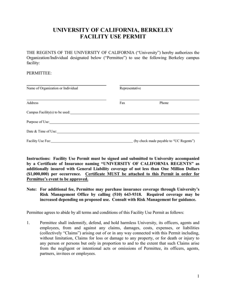 UNIVERSITY OF CALIFORNIA, BERKELEY FACILITY USE PERMIT
