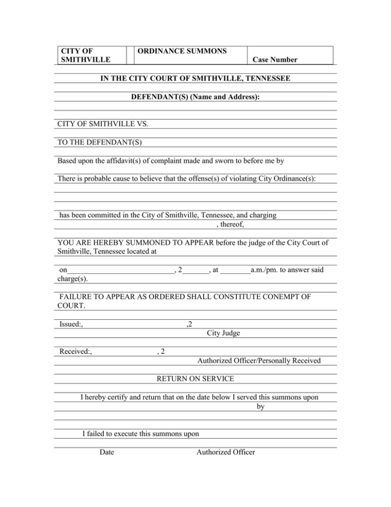 CITY OF ORDINANCE SUMMONS SMITHVILLE