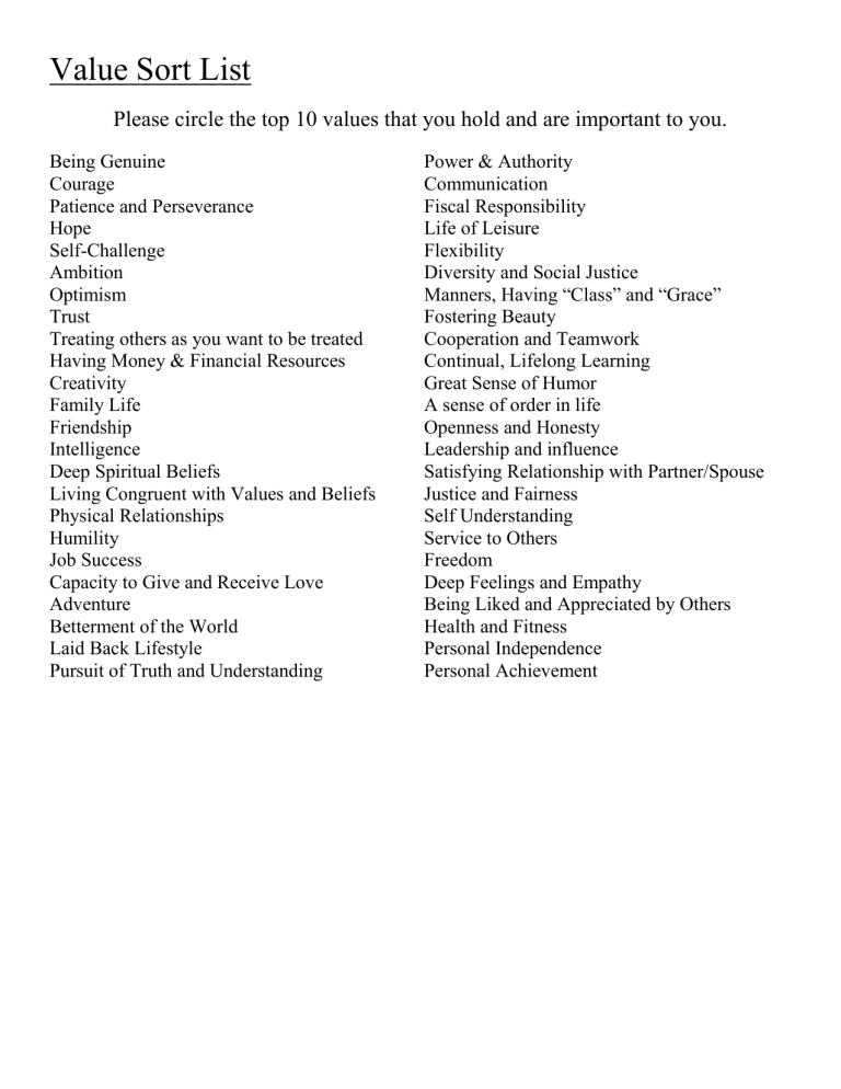 Value Sort List: Identify Your Top 10 Personal Values