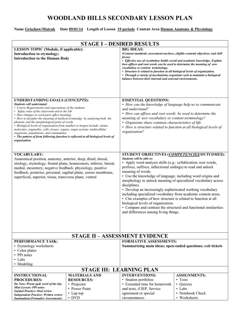 WOODLAND HILLS SECONDARY LESSON PLAN