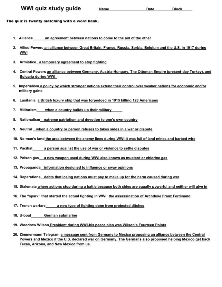 WWI Quiz Study Guide: Key Terms & Concepts