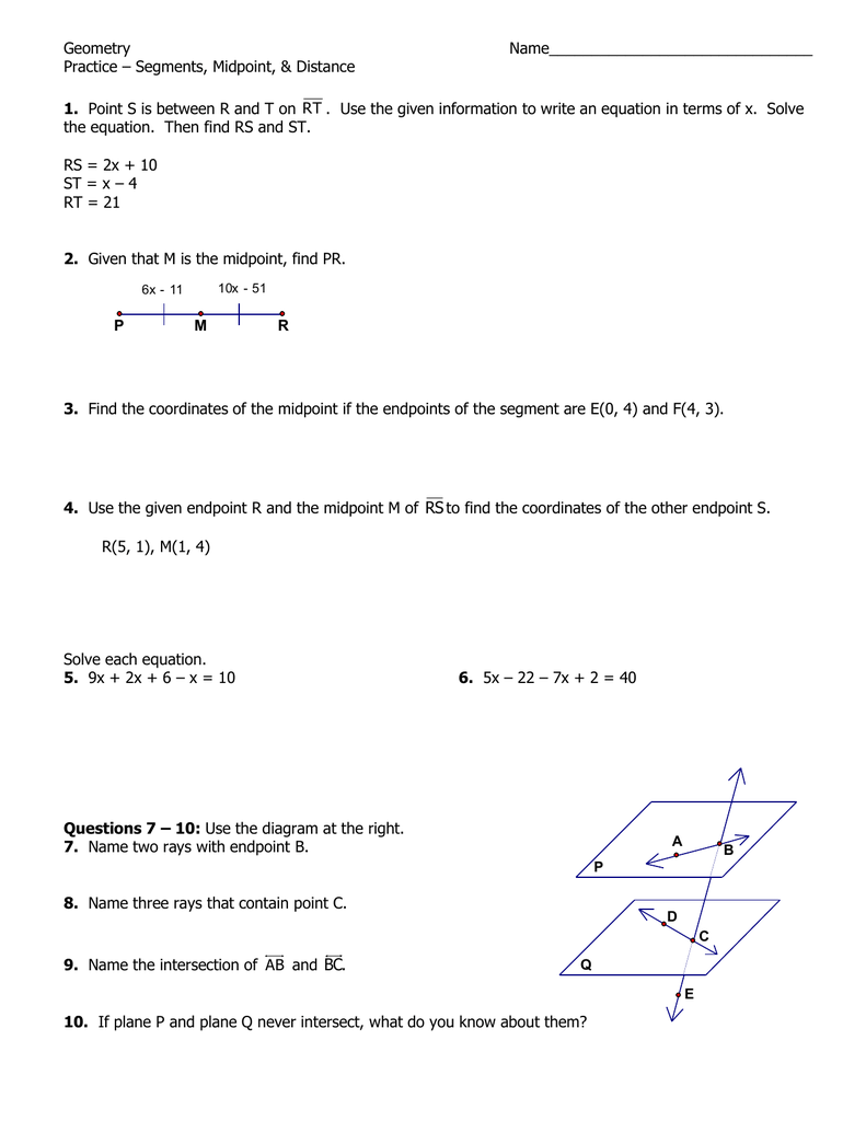 Geometry Name_______________________________ Practice – Segments For Midpoint And Distance Worksheet