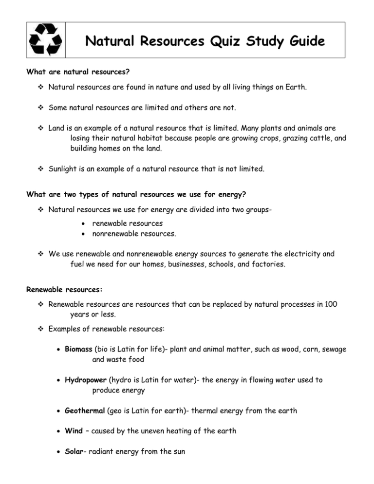 Natural Resources Quiz Study Guide