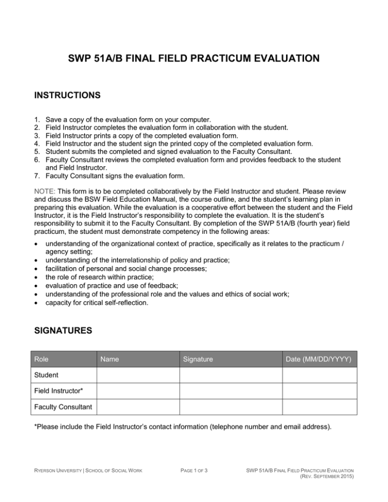 Social Work Practicum Evaluation Form (SWP 51A/B)