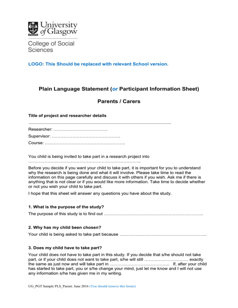 Plain Language Statement Participant Information Sheet Parents