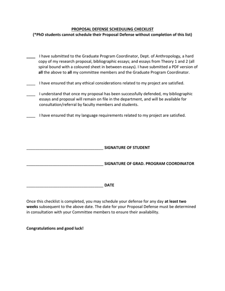 PROPOSAL DEFENSE SCHEDULING CHECKLIST