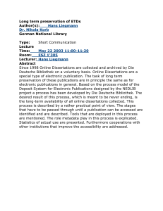 Long term preservation of ETDs Author(s): German National Library