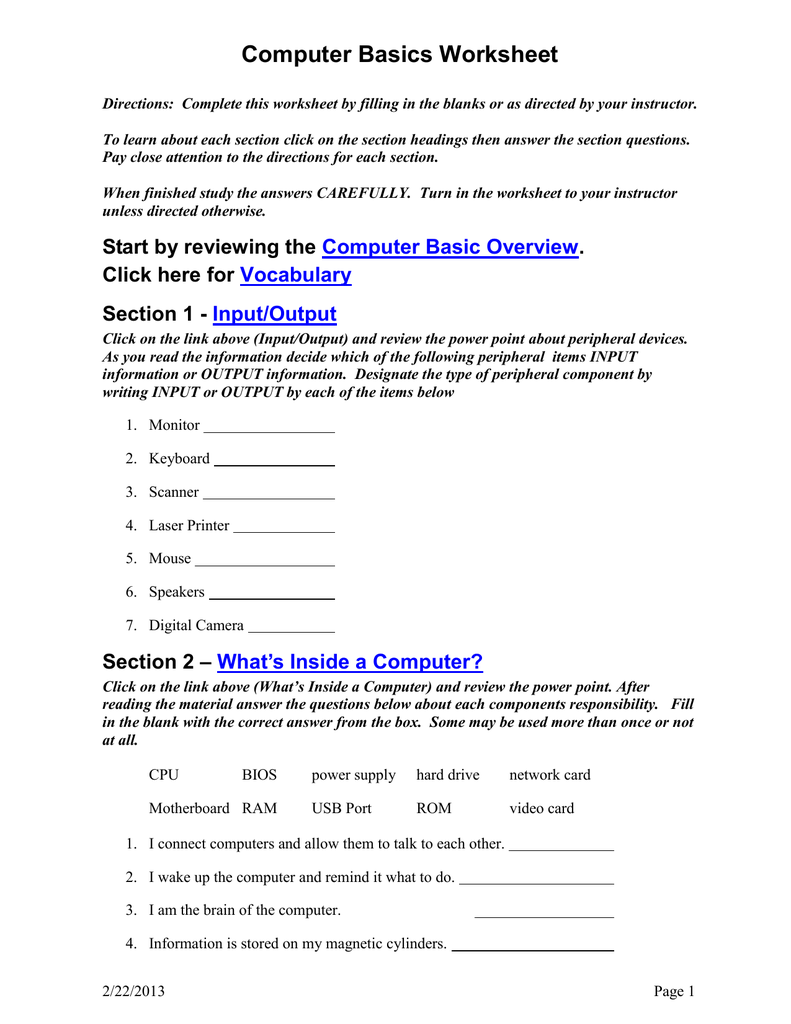 Computer Basics Worksheet In Computer Basics Worksheet Answer Key