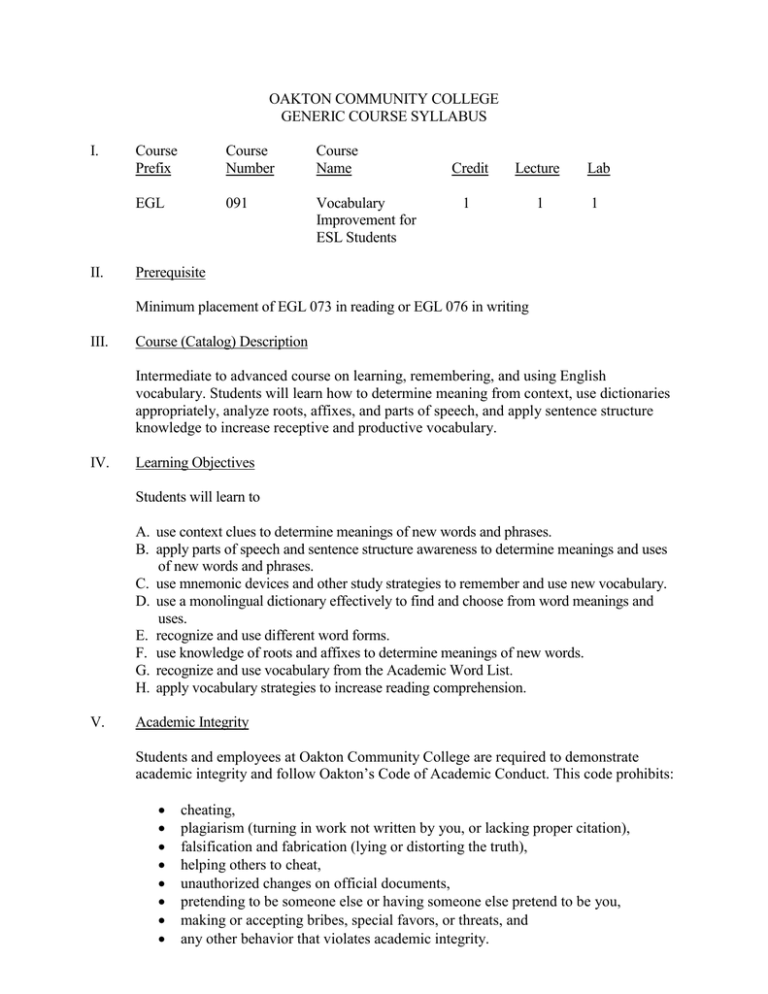 OAKTON COMMUNITY COLLEGE GENERIC COURSE SYLLABUS I.