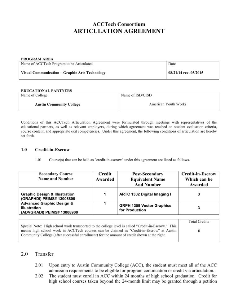 ARTICULATION AGREEMENT ACCTech Consortium