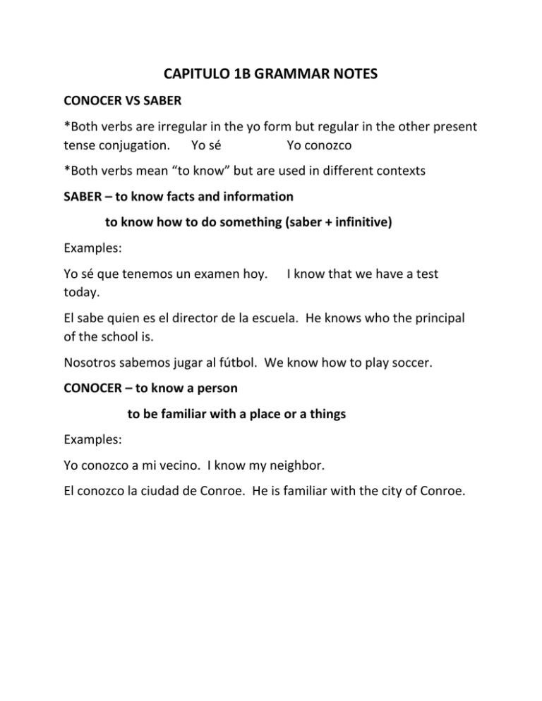 CAPITULO 1B GRAMMAR NOTES