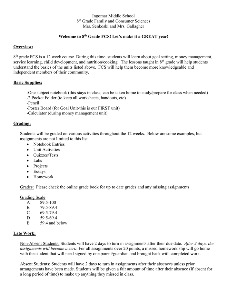 Ingomar Middle School 8 Grade Family and Consumer Sciences