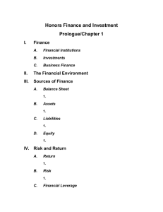 Honors Finance and Investment Prologue/Chapter 1 I. Finance