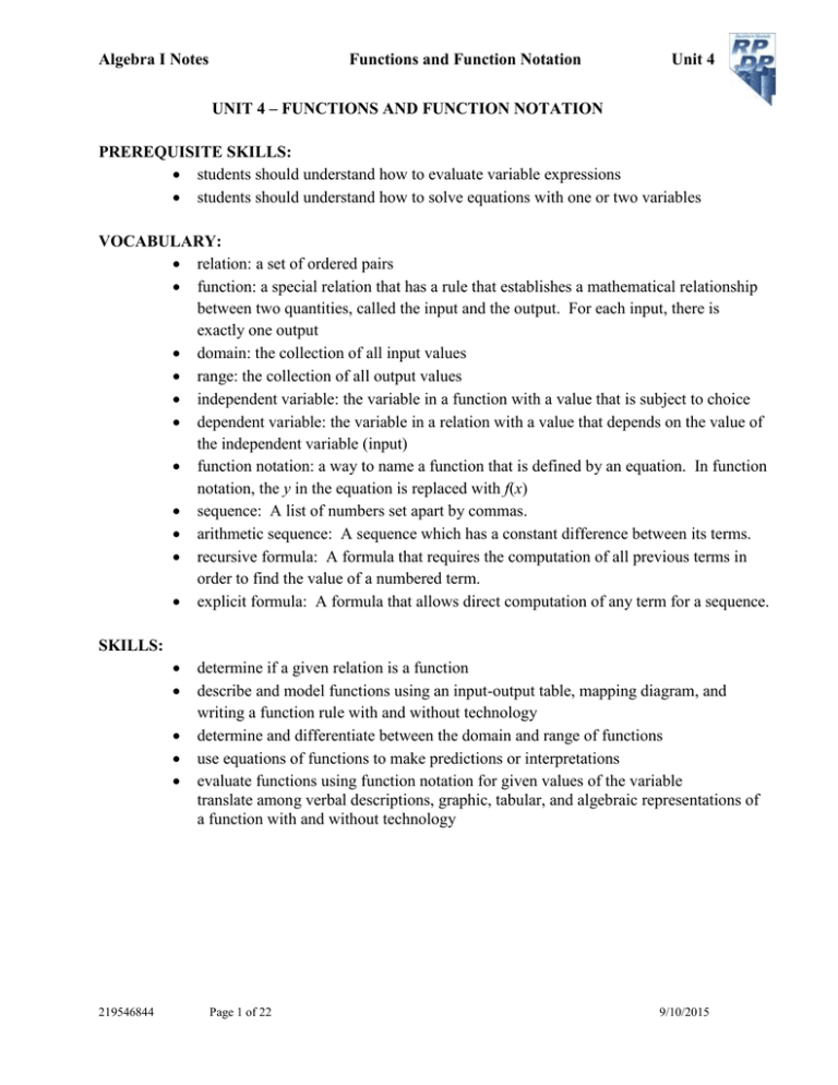 Algebra I: Functions and Function Notation Notes