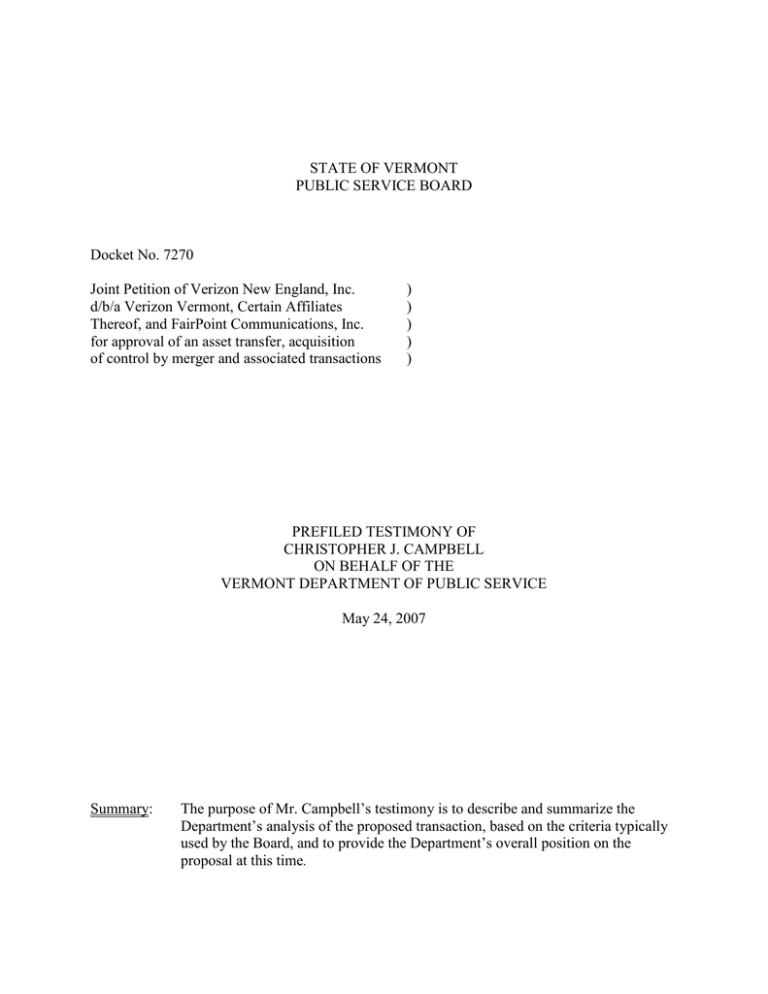 STATE OF VERMONT PUBLIC SERVICE BOARD Docket No 7270 state-of-vermont-public-service-board-docket-no-7270