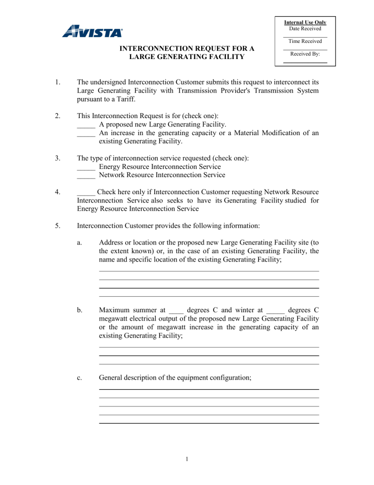 INTERCONNECTION REQUEST FOR A LARGE GENERATING