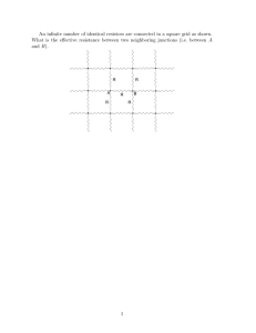 An infinite number of identical resistors are connected in a square