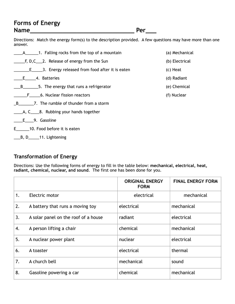 Energy Forms and Transfer study guide answer Pertaining To Introduction To Energy Worksheet