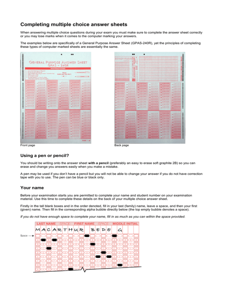 Multiple Choice Answer Sheet Instructions