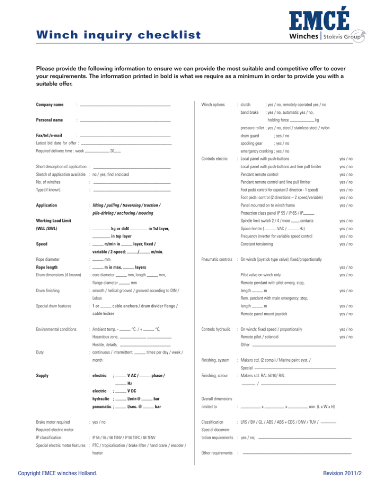 Winch inquiry checklist