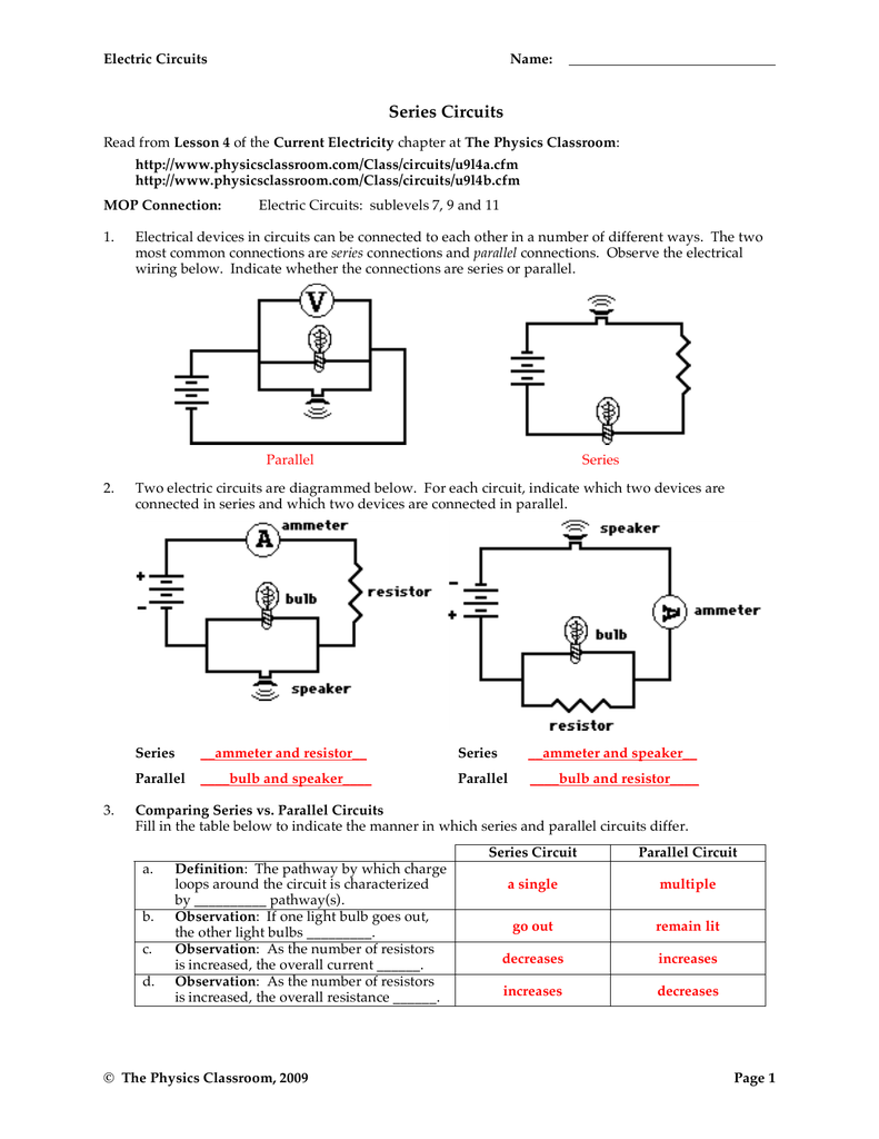 Series Circuits Inside Series And Parallel Circuits Worksheet