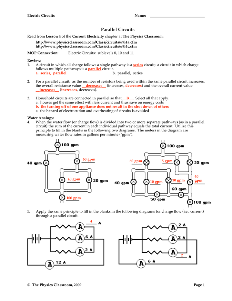 Series And Parallel Circuits Worksheet With Answers Grade 9 Wiring